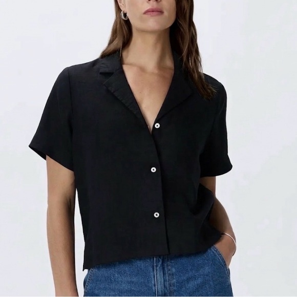 Quince -NWT women’s 100% linen short sleeve button down shirt black blouse top S - Picture 2 of 8